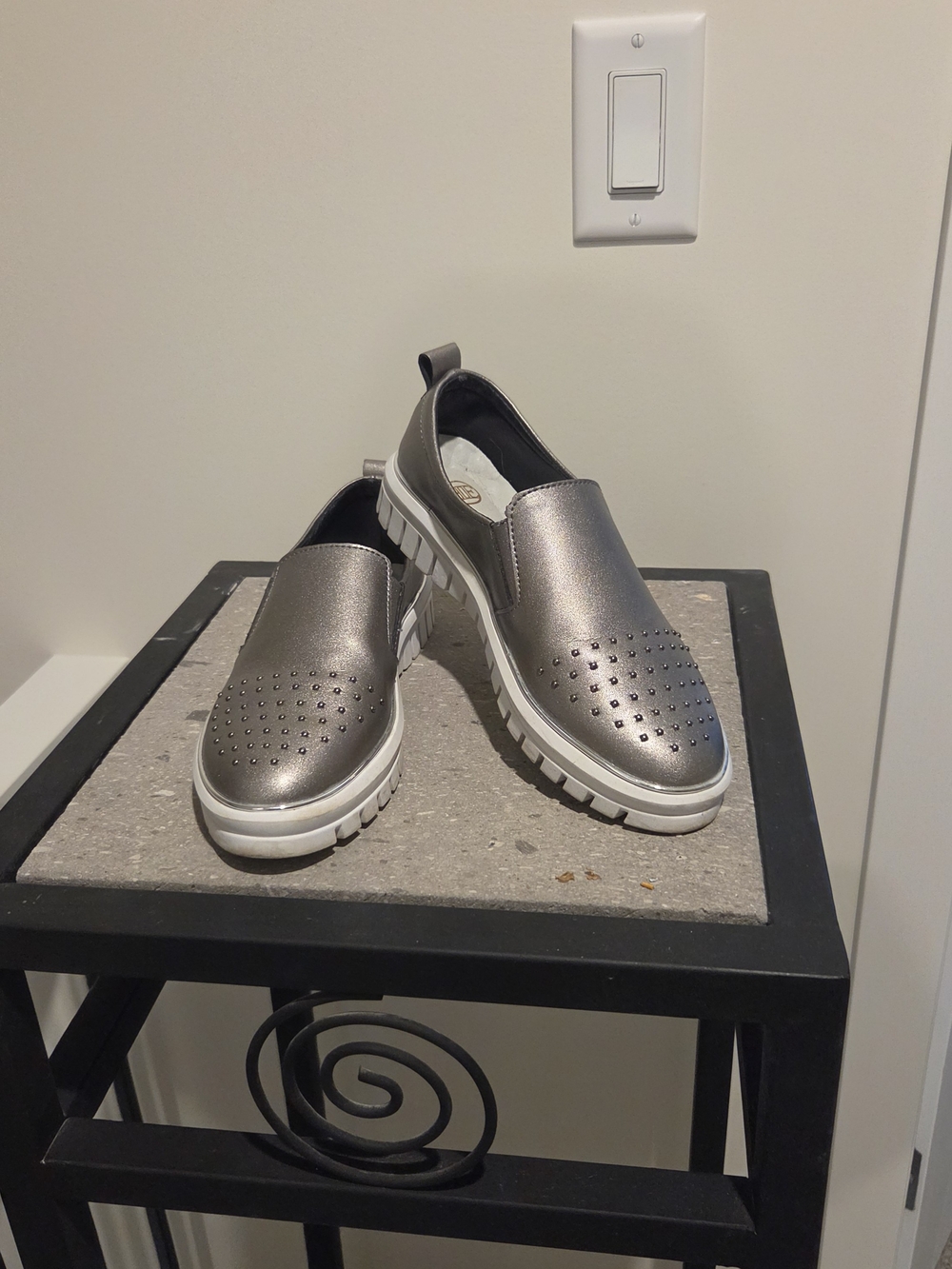 Metallic leather, Silver Slip-On Studded  Loafers